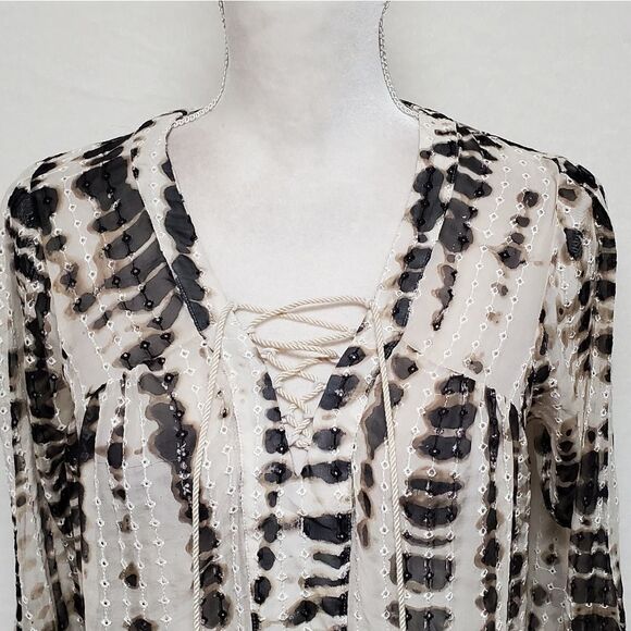 TWELFTH Street by Cynthia Vincent Silk Taupe Animal Print V-neck Lace-up Blouse - Picture 4 of 11